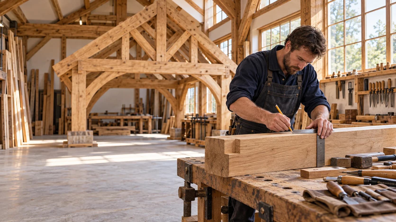 Illustration : charpentier travaillant une poutre dans un atelier bois